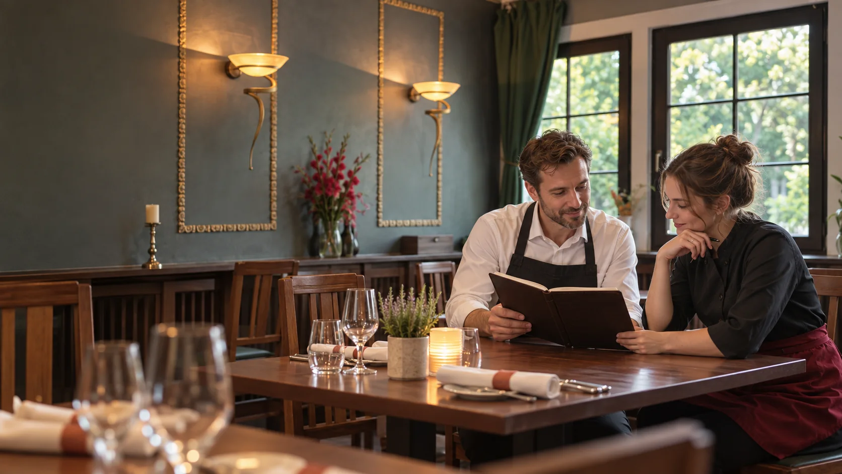 Restaurantteam prüft Unterlagen diskret an einem ruhigen Tisch