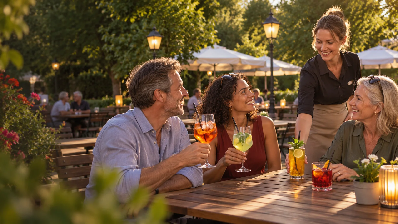 Freunde genießen Aperitifs und alkoholfreie Getränke im Römerbrunnen-Sommergarten
