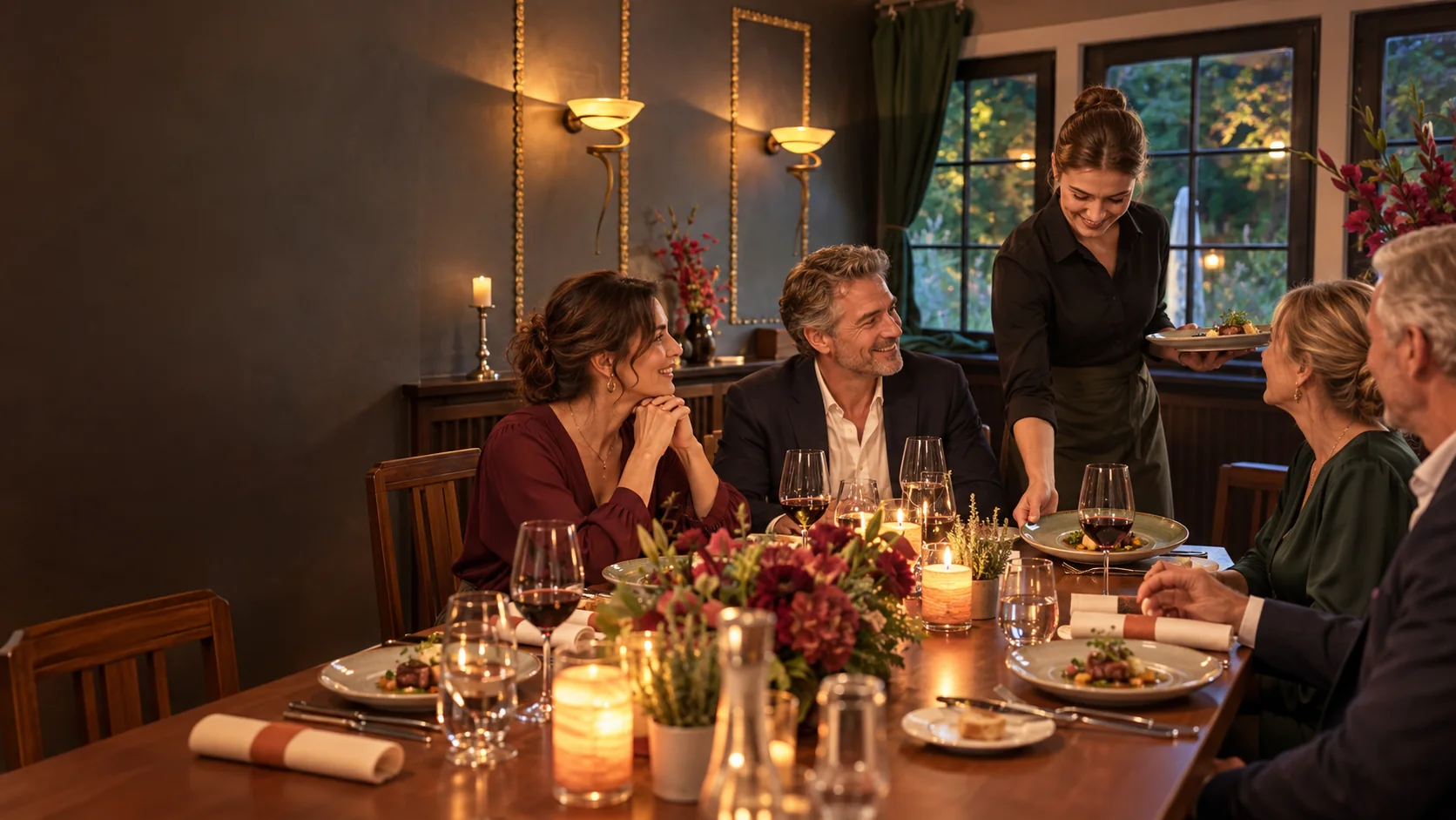 Festliche Menüfolge mit Gästen im Restaurant Am Römerbrunnen