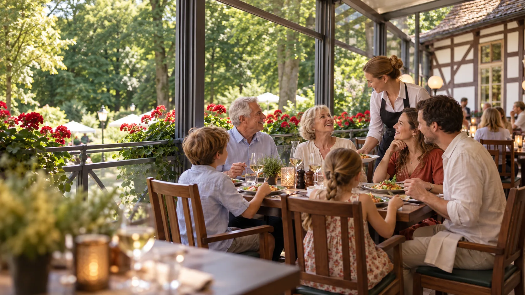 Familie genießt ein gemeinsames Essen auf der Römerbrunnen-Terrasse