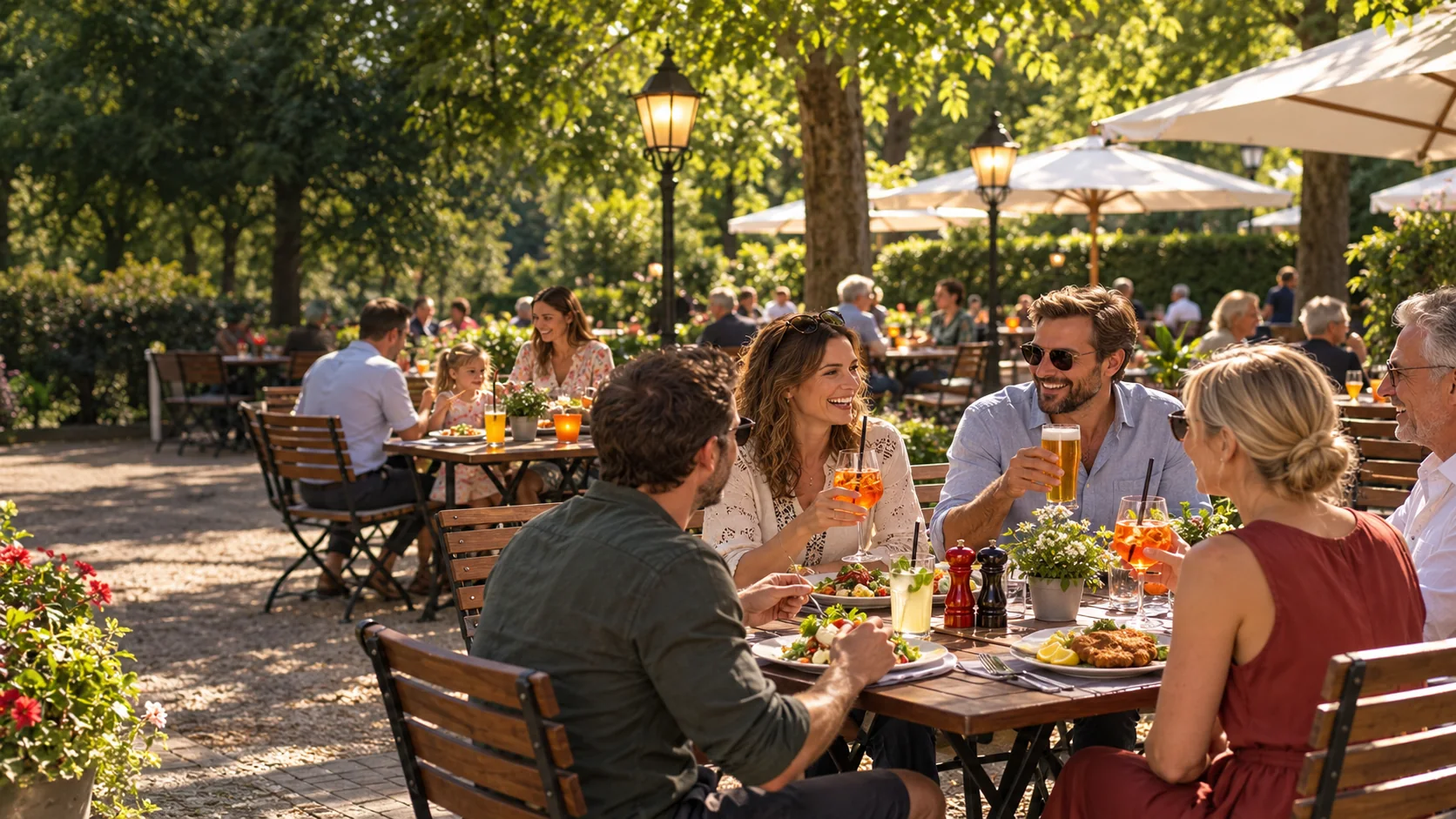Gäste genießen einen sonnigen Nachmittag im Sommergarten des Restaurants Am Römerbrunnen